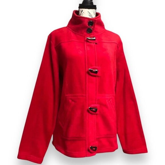 Dressbarn L Red Fleece Toggle Jacket Stand Collar Cozy Winter Button Front Coat - Picture 2 of 11